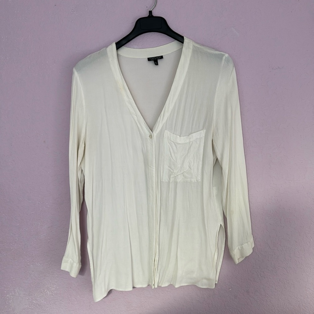 Topshop White Collarless Button Down Blouse Top